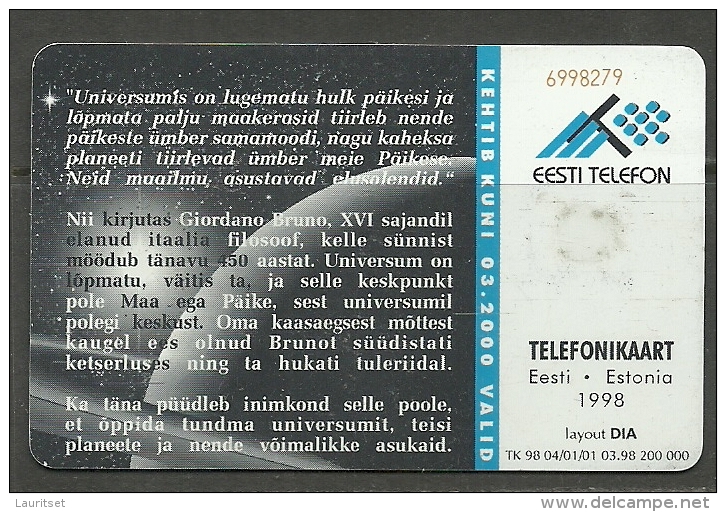 Estland Estonie Estonia Telefonkarte Phone Card Philosoph GIORDANO BRUNO Universum Weltraum 1998 - Estonia