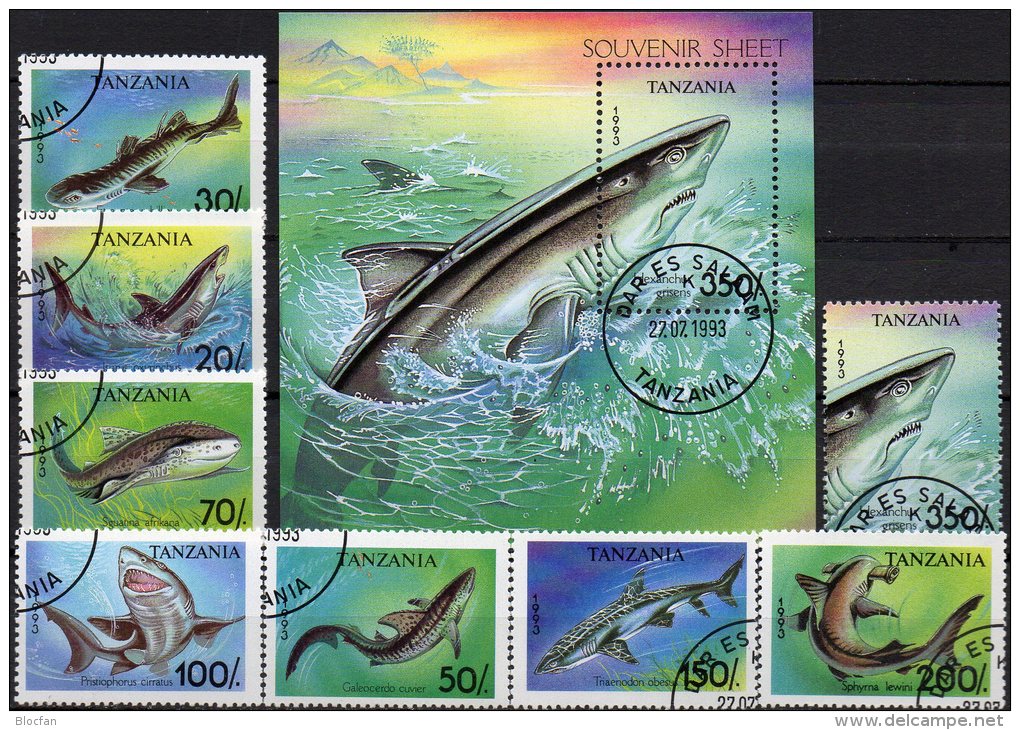 WWF Meerestier 1993 Tansania Set 1583/0+Bl.225 O 10€ Hai Im Meer Hammerhai Dornhai M/s Bloc More Fauna Sheet Bf Tanzania - Delfines