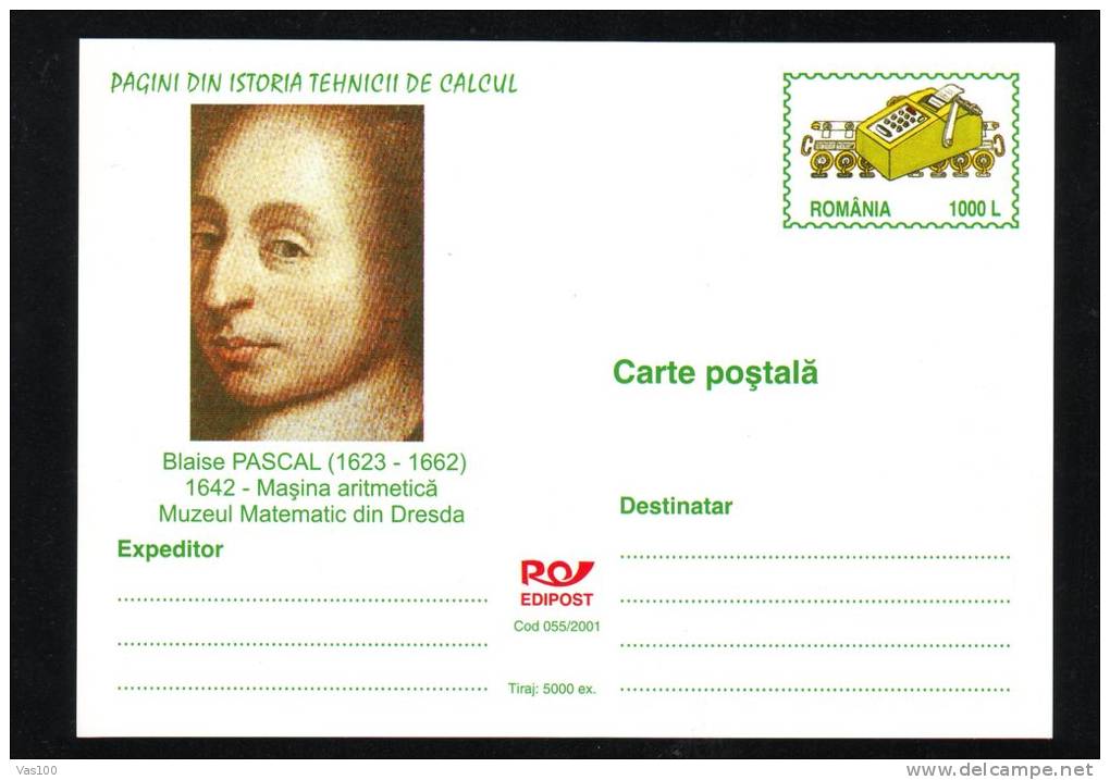 BLAISE PASCAL, ARITHMETIC MACHINE, 2001, CARD STATIONERY, ENTIER POSTAL, UNUSED, ROMANIA - Computers