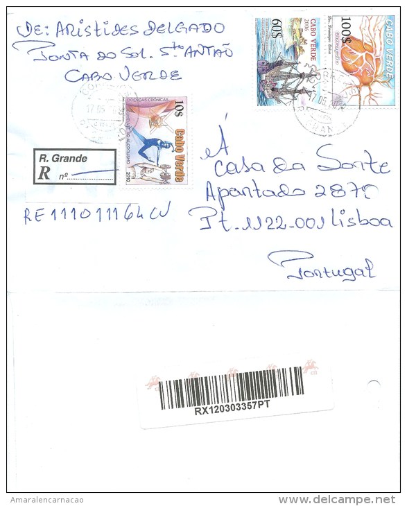 LETTRE RECOMMANDÉE -CAP VERT - TIMBRES DIVERS - UN TIMBRE DE LA ROUTE INTERNATIONAL ESCLAVES (RIBEIRA GRANDE) ET AUTRES - Kap Verde