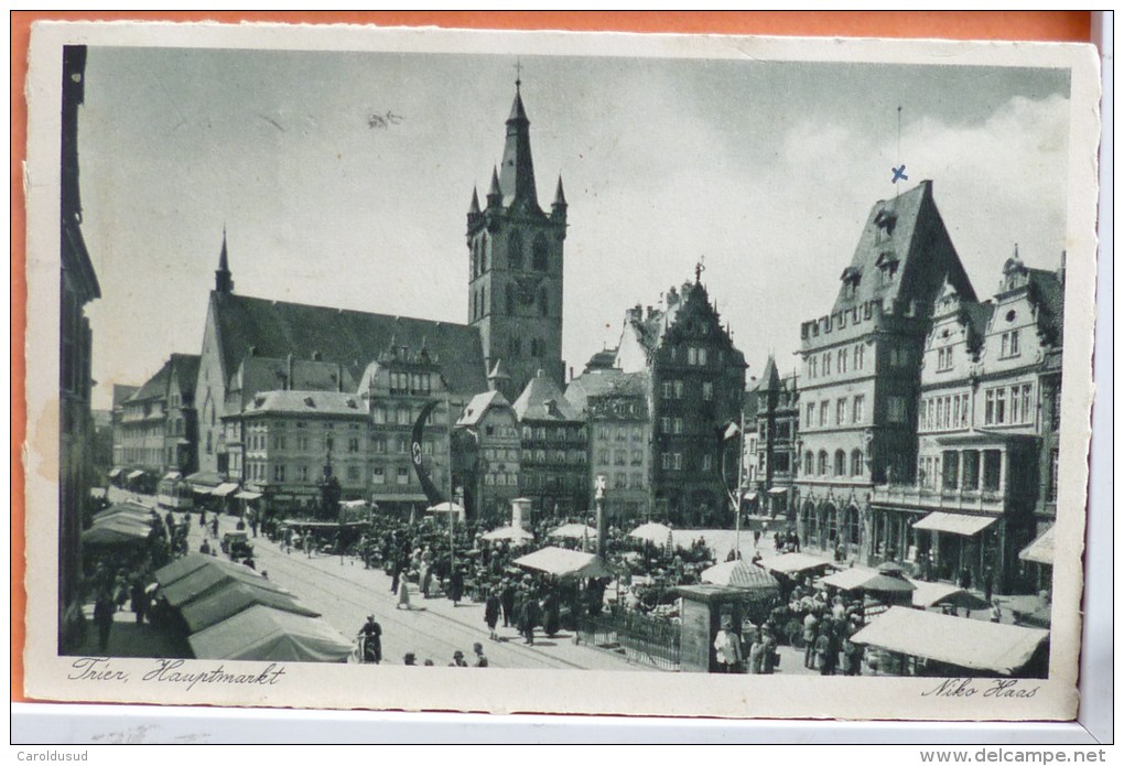 Trier TREVES HAUPTMARKT Niko HAAS N° 119 Voyagé Timbre HITLER Cachet Flamme Aigle Kriegs Hilfs Werk 1942 - Trier