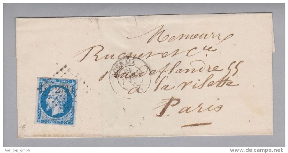 Heimat France  Nord (59) ROUBAIX 1855-03-19 Briefhülle Mit Punktraute #2737 20 Centimes Nach Paris - 1853-1860 Napoléon III