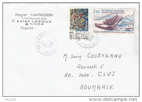 HYDROPLANE, AVION, STAMP ON COVER, SENT TO ROMANIA, 1996, FRANCE - Cartas & Documentos