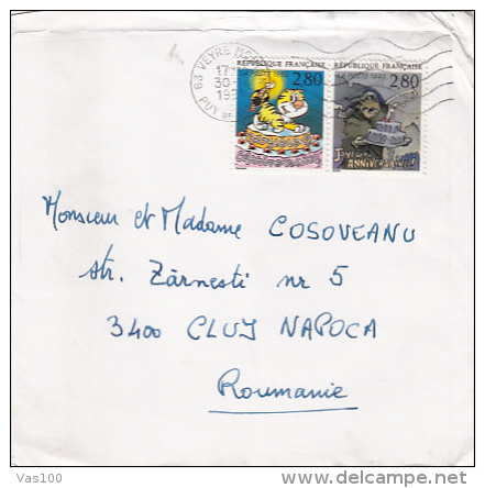 CAKES'S, ANNIVERSARY GREETINGS, CAT, STAMPS ON COVER, SENT TO ROMANIA, 1994, FRANCE - Briefe U. Dokumente