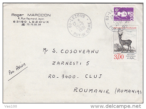 DEER, CERF, STAMP ON AIRMAIL COVER, SENT TO ROMANIA, 1991, FRANCE - Brieven En Documenten