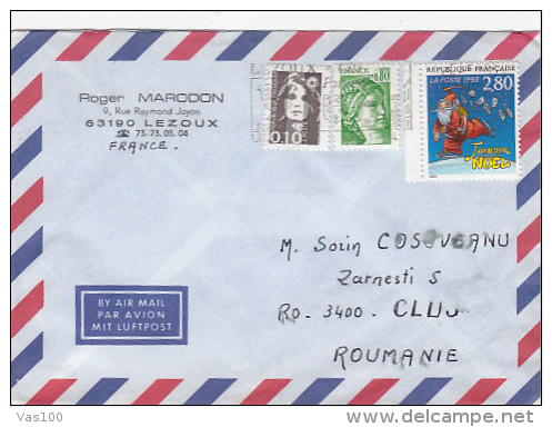 SANTA CLAUS, PERRE NOEL, STAMP ON AIRMAIL COVER, SENT TO ROMANIA, 1993, FRANCE - Brieven En Documenten