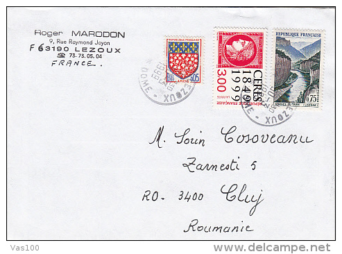 GORGES DU TARN, COAT OF ARMS, STAMPS ON COVER, SENT TO ROMANIA, 1999, FRANCE - Storia Postale