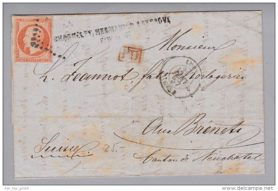 France 1857-01-26 Lyon Brief Nach Bernets Suisse Mit 40Cetimes Orane Mi#15 - 1853-1860 Napoléon III