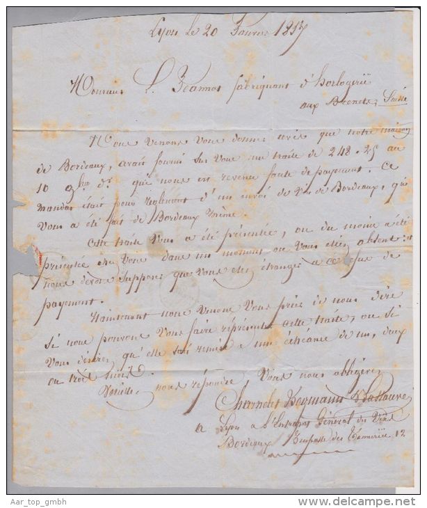 France 1857-01-26 Lyon Brief Nach Bernets Suisse Mit 40Cetimes Orane Mi#15 - 1853-1860 Napoléon III
