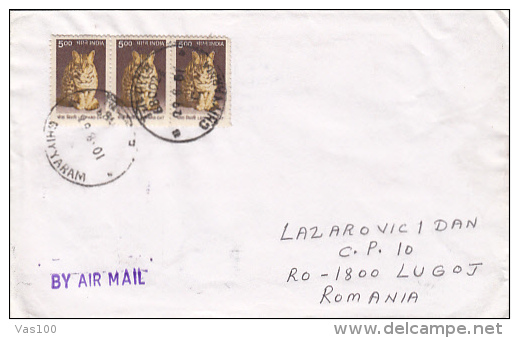 CATS, STAMPS ON AIRMAIL COVER, 2001, INDIA - Briefe U. Dokumente