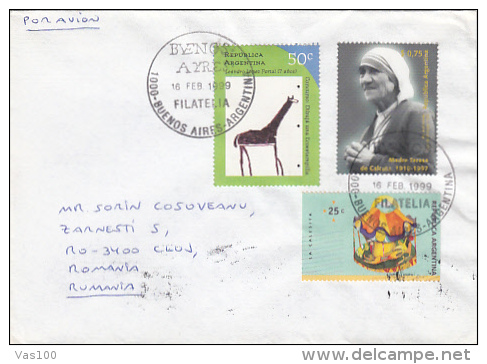 GIRAFFES, MOTHER TERESA FROM CALCUTTA, CAROUSEL, STAMPS ON AIRMAIL COVER, 1999, ARGENTINA - Lettres & Documents
