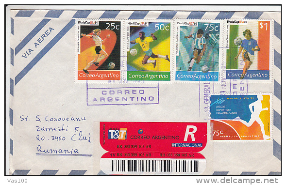 SOCCER, FOOTBAL, USA ´94 WORLD CUP, PANAMERCAN GAMES, STAMPS ON REGISTERED AIRMAIL COVER, 1995, ARGENTINA - Lettres & Documents