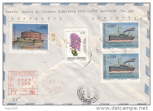 FLOWERS, ANTIDRUG CAMPAIGN, SHIPS, STAMP ON REGISTERED AIRMAIL COVER, 1990, ARGENTINA - Lettres & Documents