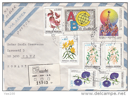 FLOWERS, BASKETBALL, STAMP ON REGISTERED AIRMAIL COVER, 1990, ARGENTINA - Covers & Documents