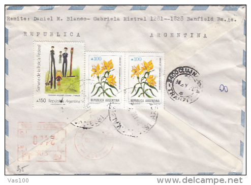 FLOWERS, BASKETBALL, STAMP ON REGISTERED AIRMAIL COVER, 1990, ARGENTINA - Brieven En Documenten