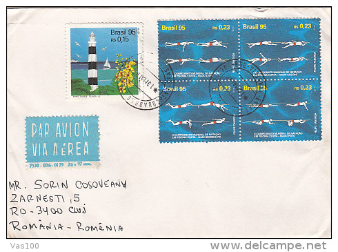 SWIMMING, LIGHTHOUSE, BOAT, FLOWER, STAMPS ON AIRMAIL COVER, 1996, BRASIL - Lettres & Documents