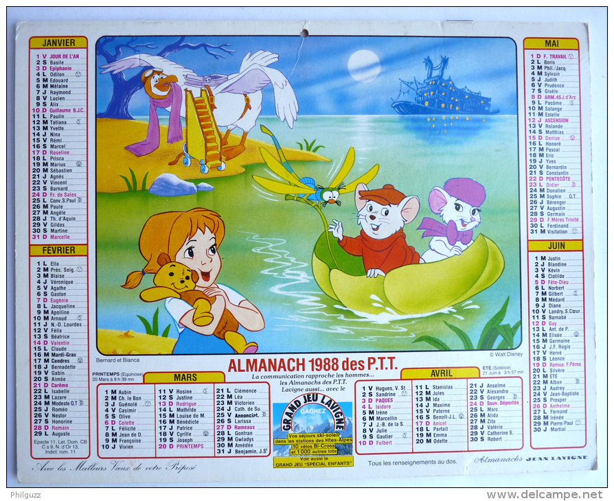 CALENDRIER ALMANACH DES PTT 1988 - MICKEY - BERNARD ET BIANCA - WALT DISNEY - Agendas & Calendarios