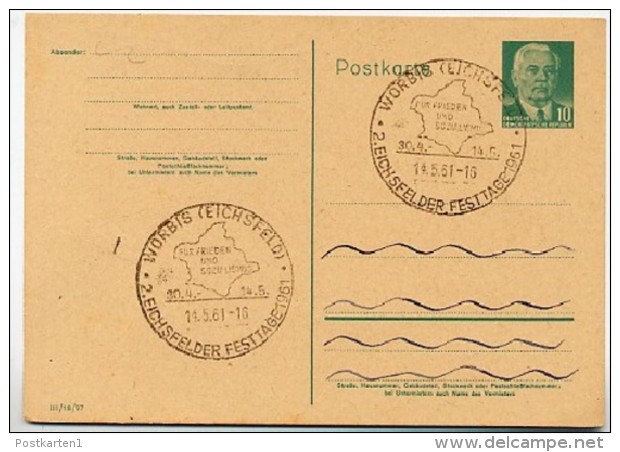 DDR Postkarte P68 Sost. EICHSFELDER FESTTAGE  Worbis 1961 - Cartes Postales - Oblitérées