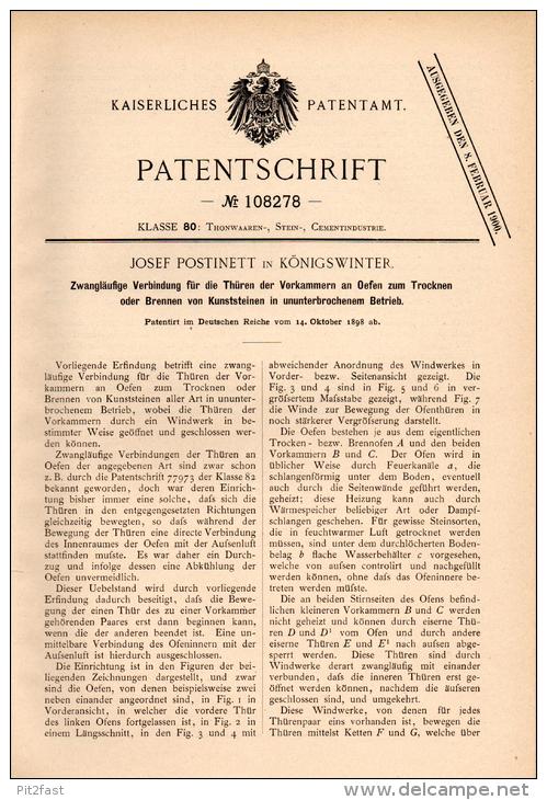 Original Patentschrift - J. Postinett In Königswinter ,1898, Brennofen Für Kunssteine , Trockenofen , Ofen , Ziegelei !! - Architektur