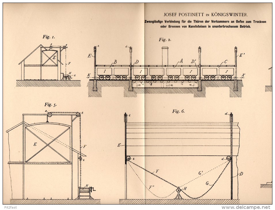 Original Patentschrift - J. Postinett In Königswinter ,1898, Brennofen Für Kunssteine , Trockenofen , Ofen , Ziegelei !! - Architektur