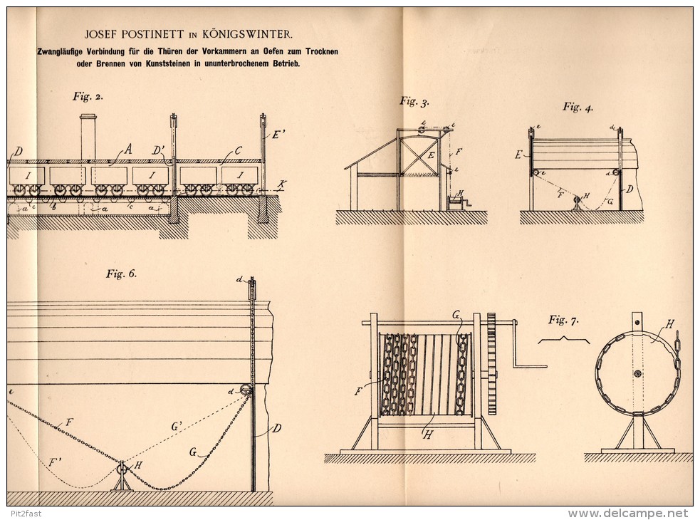 Original Patentschrift - J. Postinett In Königswinter ,1898, Brennofen Für Kunssteine , Trockenofen , Ofen , Ziegelei !! - Architecture