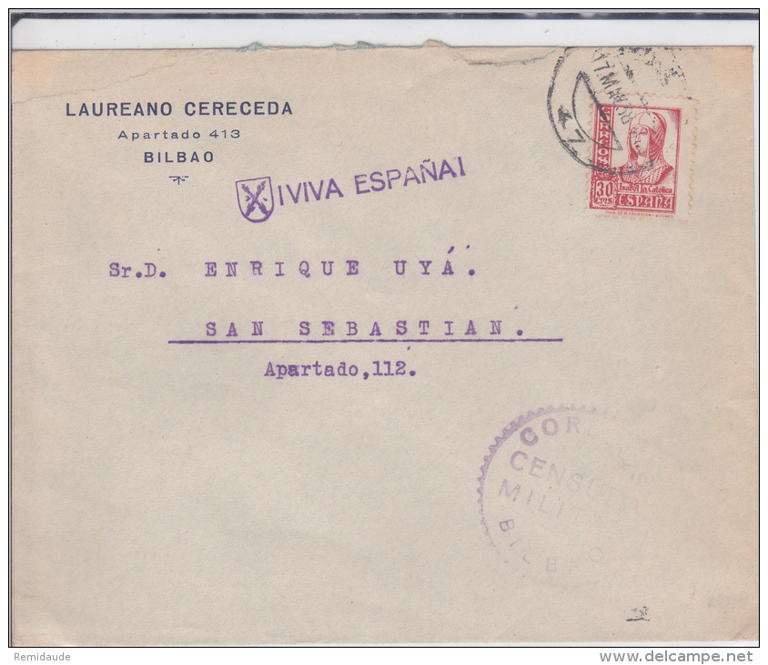 ESPAGNE - 1938 - ENVELOPPE De BILBAO Avec CENSURE + PROPAGANDE "VIVA ESPANA" Pour SAN SEBASTIAN - Storia Postale