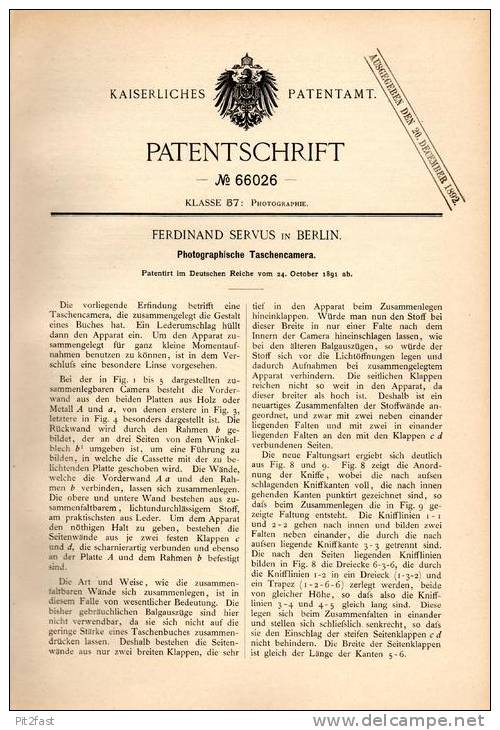 Original Patentschrift - F. Servus In Berlin , 1891 , Photographische Taschen - Camera , Kamera , Photographie !!! - Appareils Photo