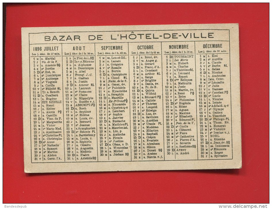 CHROMO CALENDRIER 1896 BAZAR HOTEL VILLE PARIS LITH MINOT PIERROT GENDARME PANIER CERISES - Small : ...-1900
