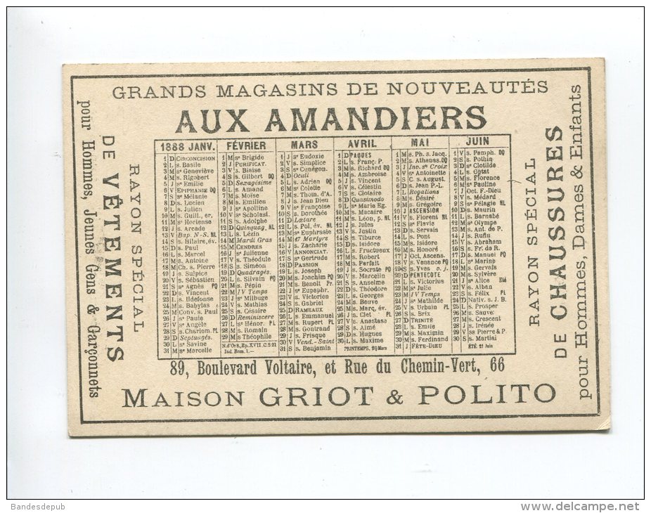 PARIS AMANDIERS   SUPERBE CHROMO DOREE CALENDRIER SICARD  COSTUME  ELEGANT 1888 - Kleinformat : ...-1900