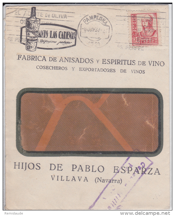 ESPAGNE - 1937 - ENVELOPPE PUBLICITAIRE (VINS ET SPIRITUEUX - VILLAVA NAVARRA) De PAMPLONA Pour SEVILLA - Storia Postale