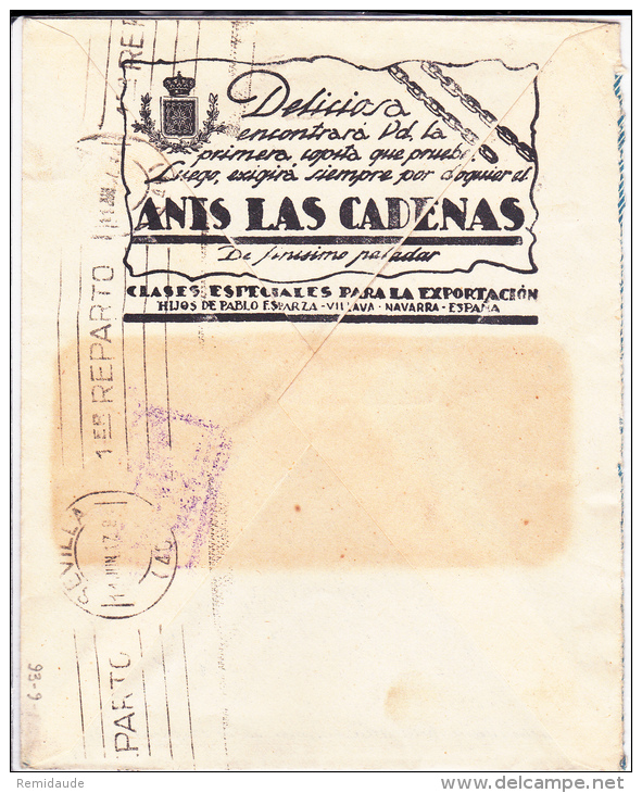 ESPAGNE - 1937 - ENVELOPPE PUBLICITAIRE (VINS ET SPIRITUEUX - VILLAVA NAVARRA) De PAMPLONA Pour SEVILLA - Storia Postale