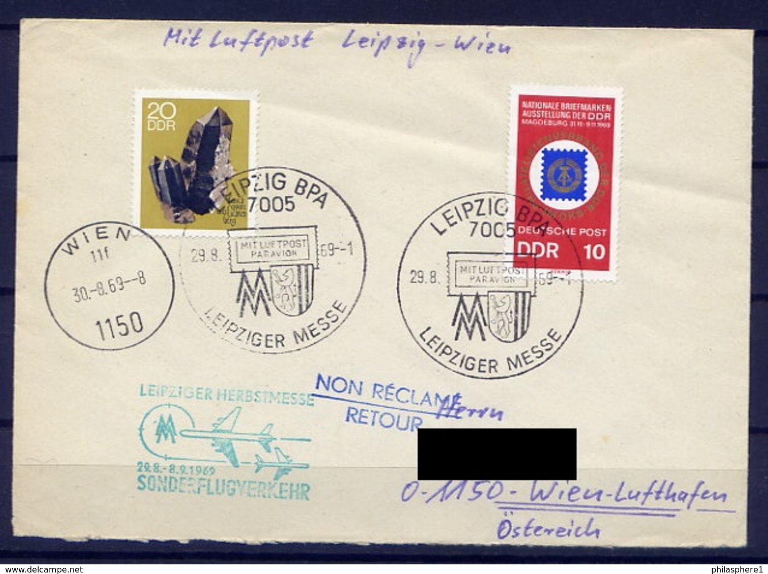 DDR Nr.1471 + 1477     Brief   (B014)  (Jahr:1969) Sonderflugverkehr Luftpost Leipziger Herbstmesse Leipzig - Wien - Briefe U. Dokumente