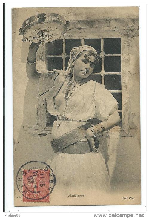 CPA -MAURESQUE -Femme Avec Tambourin -Afrique Du Nord -Circulé 1907 - Non Classés