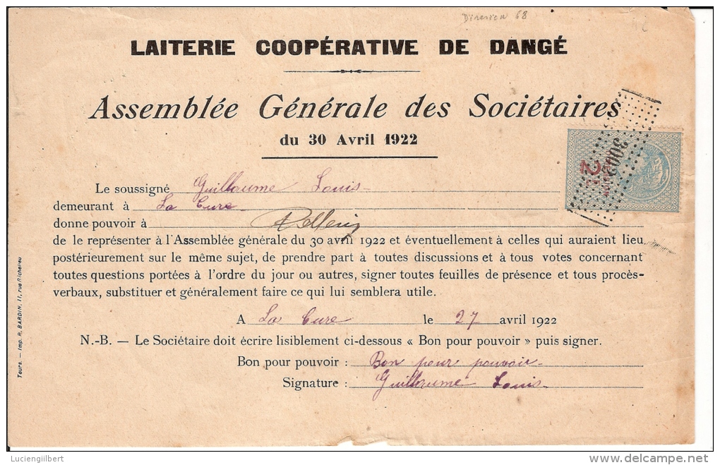 TIMBRE FISCAUX "DIMENSION" 1922 TASSET GD FORMAT LAITERIE COOPERATIVE DE DANGE - Briefe U. Dokumente