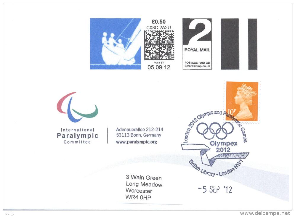 UK Olympic Games London 2012 Cover;  Paralympic Sailing Smart Stamp + 10p Stamp; Paralympic Cachet And Olympex Handstamp - Summer 2012: London