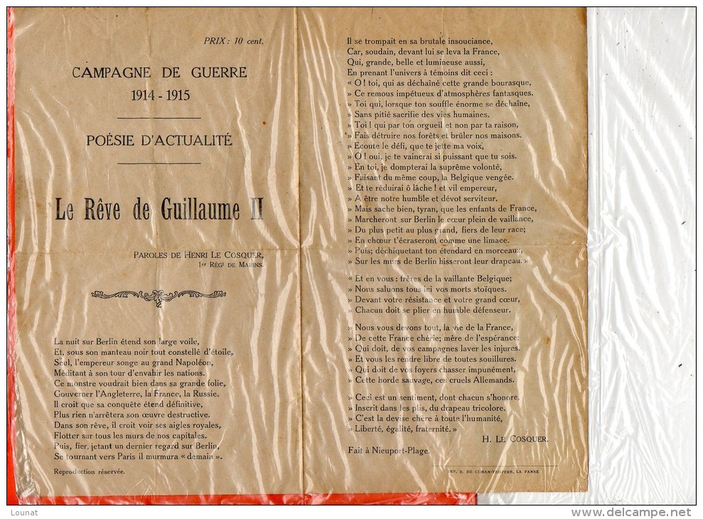 Campagne De Guerre 1914-1915 - Poésie D'actualité - Le Rêve De Guillaume II - Paroles De H. Le COSQUER- Fait à Nieuport - Non Classés