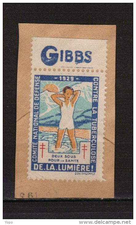 Timbre Vignette 1929 Antituberculeux Avec  Bande Publicitaire - GIBBS - (sur Fragment) - Antituberculeux