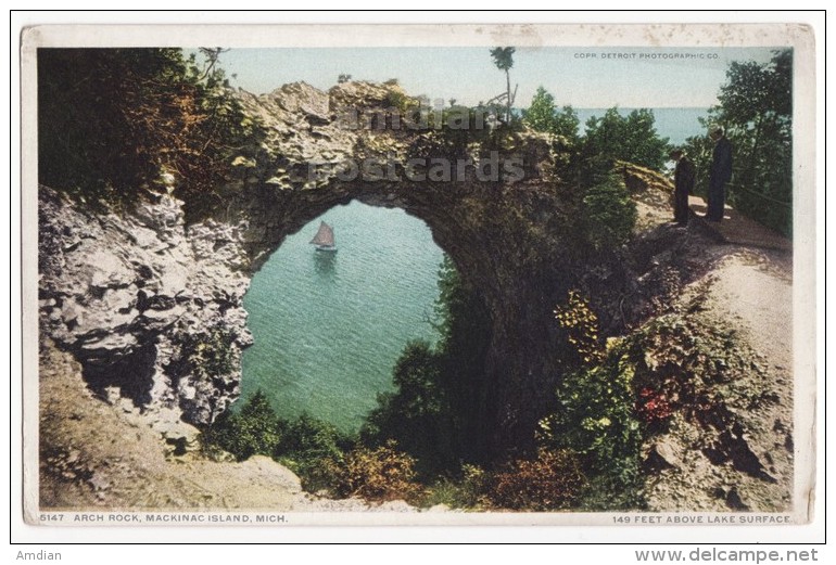 ARCH ROCK ~MACKINAC ISLAND MICHIGAN ~c1910s-20s Vintage Postcard ~SAILBOAT  [4427] - Warren