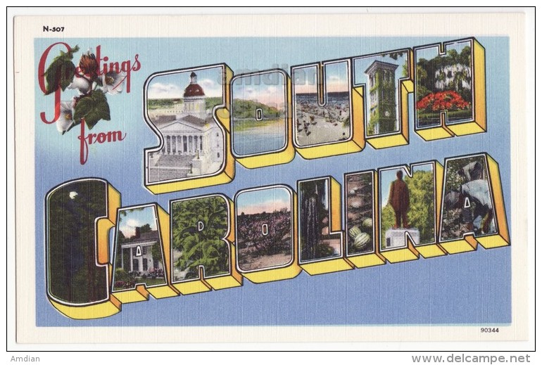 GREETINGS From SOUTH CAROLINA ~LARGE LETTER Linen Postcard ~c1940s ~ SC Multiview  [4428] - Greetings From...