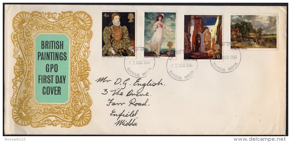 GB 1968-0006, British Paintings FDC, Enfield Postmark - 1952-1971 Em. Prédécimales