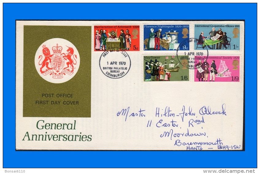 GB 1970-0010, General Anniversaries FDC, Edinburgh British Philatelic Bureau Postmark (Type C) - 1952-1971 Em. Prédécimales