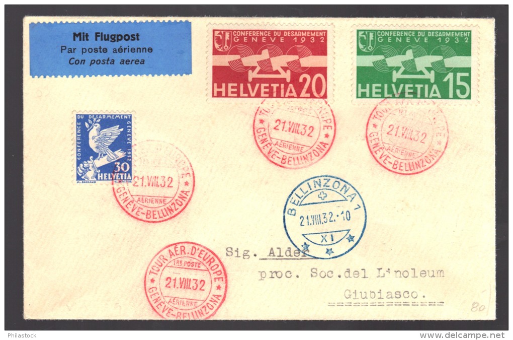 SUISSE 1932 Tour Genéve/Bellinzona PA N° 16 & 17 + Complémentaire Obl. S/Lettre Entiére - First Flight Covers