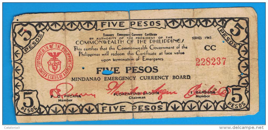 FILIPINAS - PHILIPPINES  -  GUERRILLAS - MINDANAO - 5 Pesos 1943  Serie CC - Philippinen