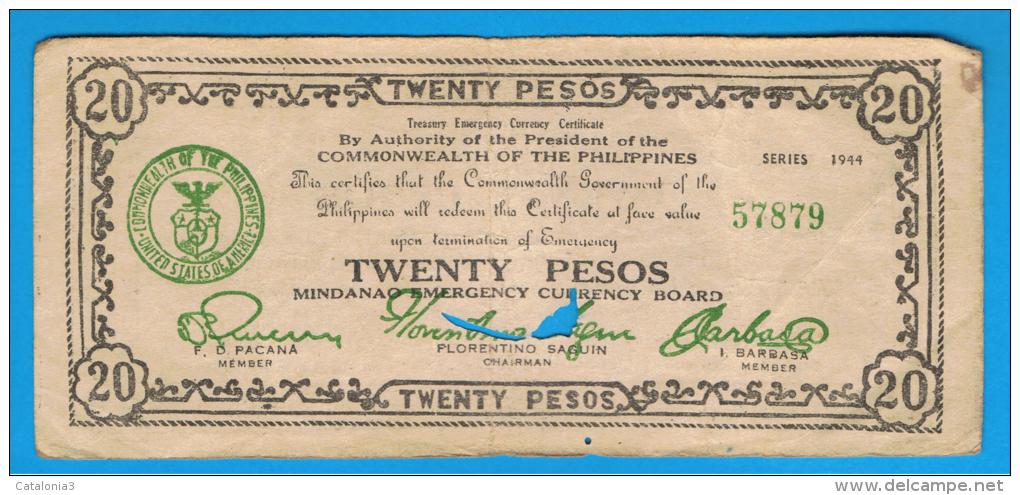 FILIPINAS - PHILIPPINES  -  GUERRILLAS - MINDANAO - 20 Pesos 1944  Sin Serie - Filipinas