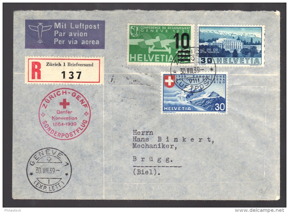 SUISSE 1939 Zurich/Genéve PA N° 20 + Complémentaire Obl. S/Lettre Entiére Rec. - Primi Voli
