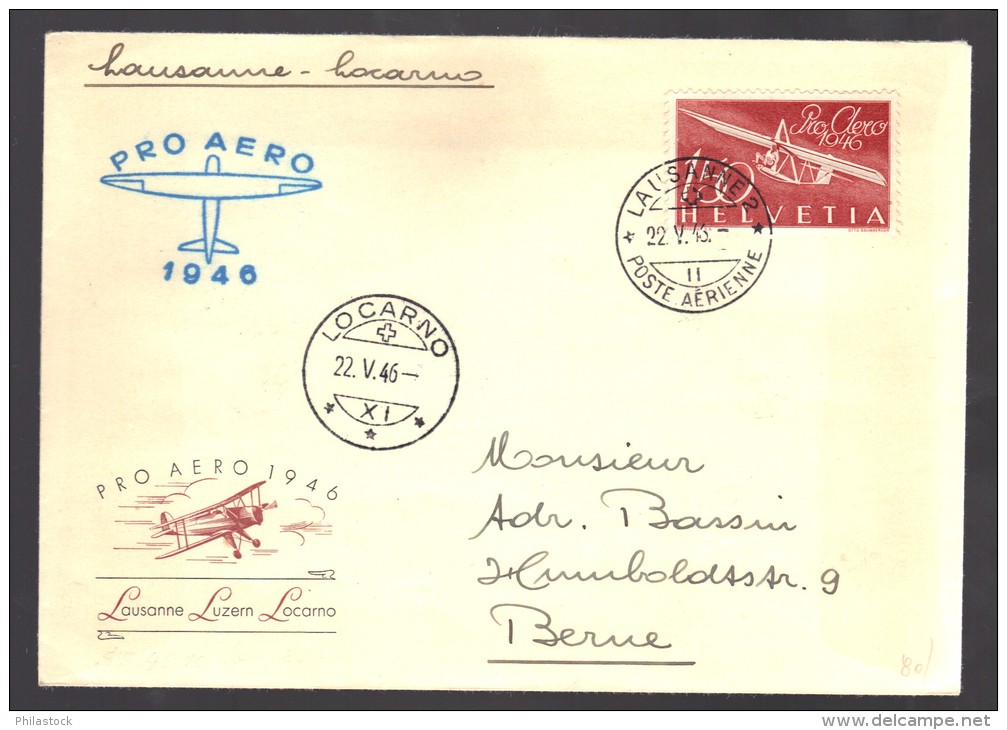 SUISSE 1946 Lausanne/Locarno PA N° 40 Obl. S/Lettre Entiére - First Flight Covers