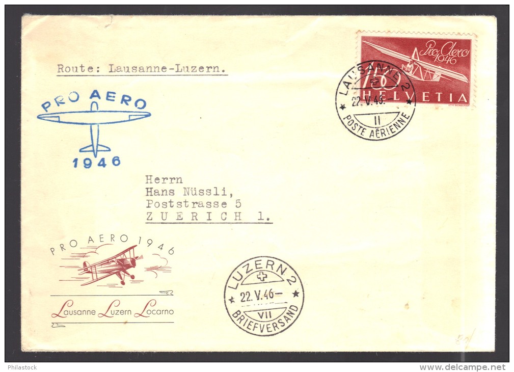 SUISSE 1946 Lausanne/Luzern PA N° 40 Obl. S/Lettre Entiére - First Flight Covers