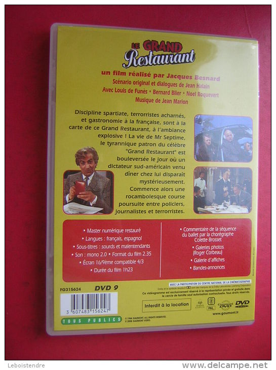 DVD   LOUIS DE FUNES  BERNARD BLIER NOEL ROQUEVERT   LE GRAND RESTAURANT     UN FILM REALISE PAR JACQUES BESNARD - Comédie