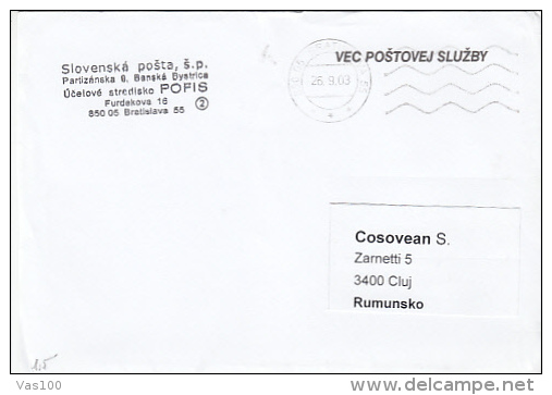 POSTMARKS ON COVER, SENT TO ROMANIA, 2003, SLOVAKIA - Lettres & Documents