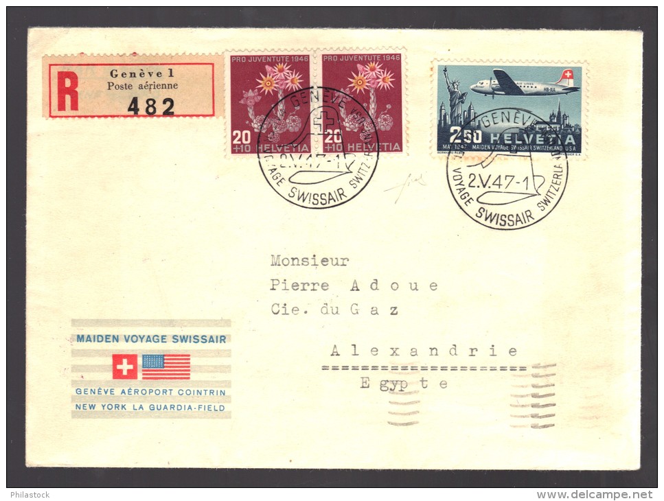 SUISSE 1947 Genéve Washington Pour L'Egypte PA N° 41 + ComplémentaireObl. S/Lettre Entiére Rec. - First Flight Covers